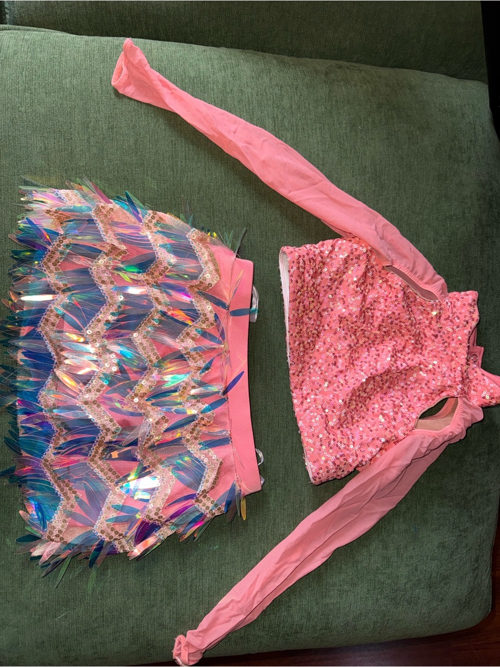 Pink Sequin Crop Top and Iridescent Feather Skirt Set